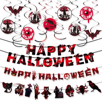 Halloween Horror-Themed Party Decorations Blood-Stained Flag Banners Bats Crows Owls Latte Flowers