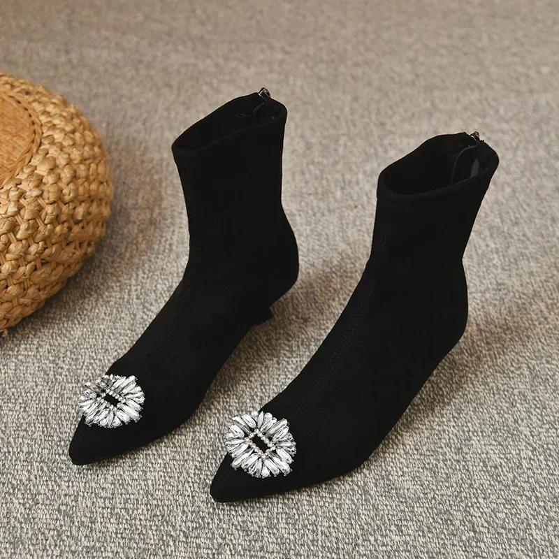 2025 Vânzări Fierbinți Botine Noi de Damă cu Toc Mediu, Pantofi de Iarnă Negri cu Vârf Ascuțit, Botine cu Strasuri, Pantofi Formale pentru Femei