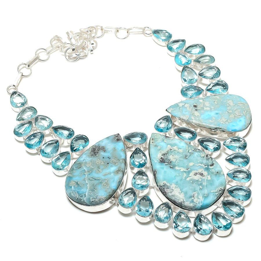 

Natural Larimar, Topaz Gemstone 925 Sterling Silver Jewelry Necklace 18 a0J55