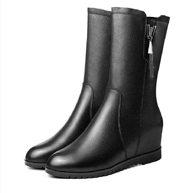 2025 autumn and winter new flat bottom inner height increase medium boots versatile side zipper round head Martin boots mother leather boots