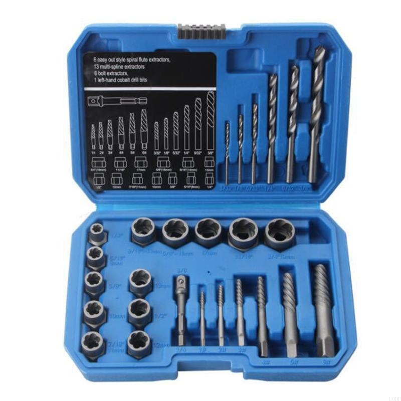26 Piece Rusty Bolt Extractor High Speed Steel Drill Bit Portable Storage Box
