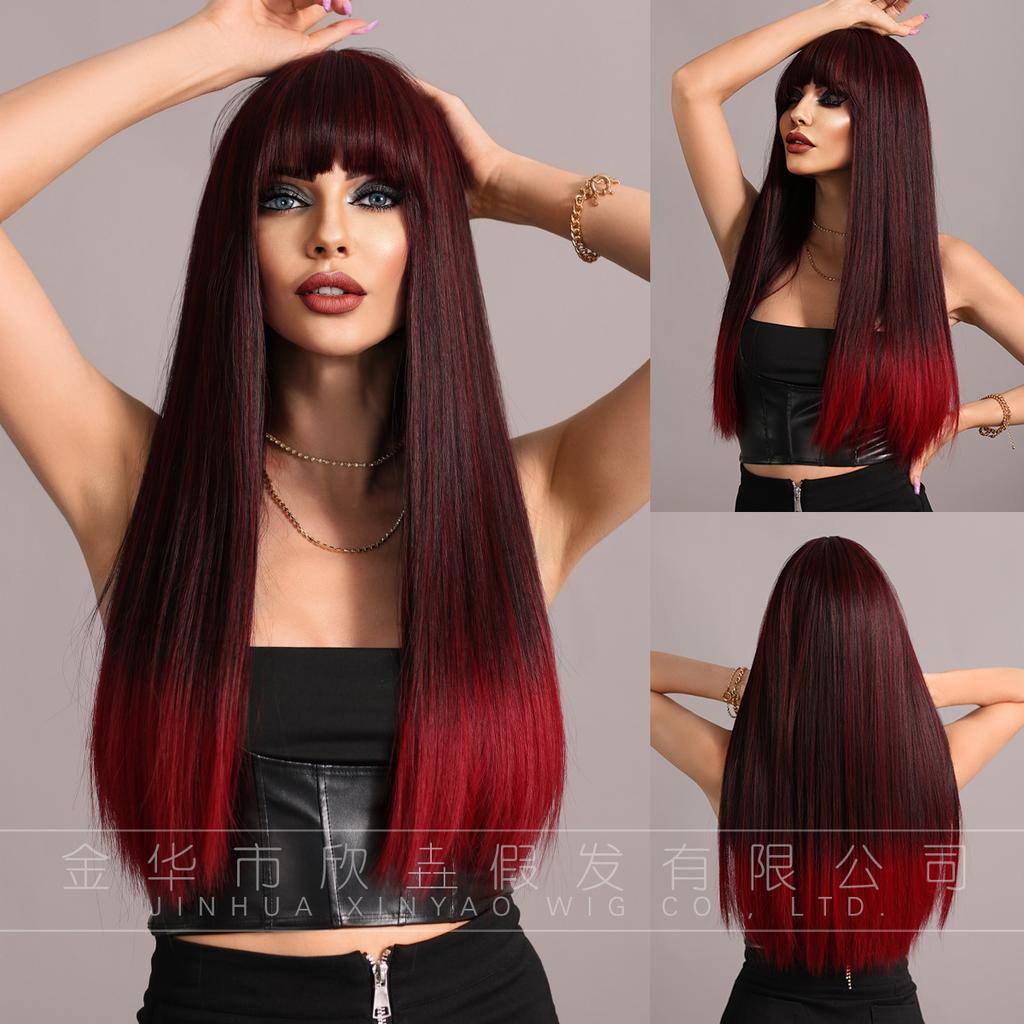 Multi Colored Optional Long Straight Hair With Bangs Wig Women's Full Head Set Natural Synthetic Matte High-temperature Silk