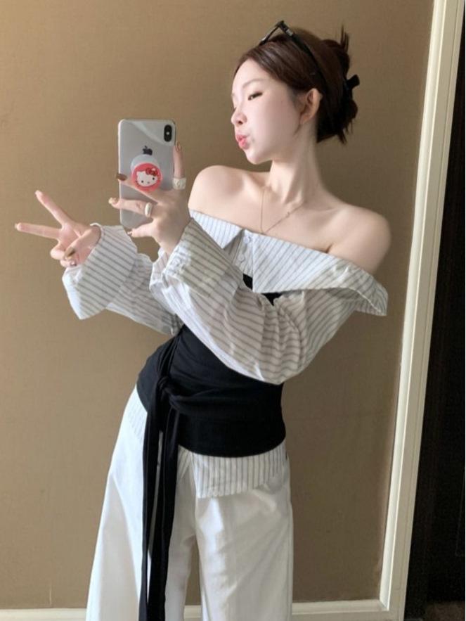 Korean Stripe Color Block Patchwork One-Shoulder Waist-Cinched Slimming Top for Women