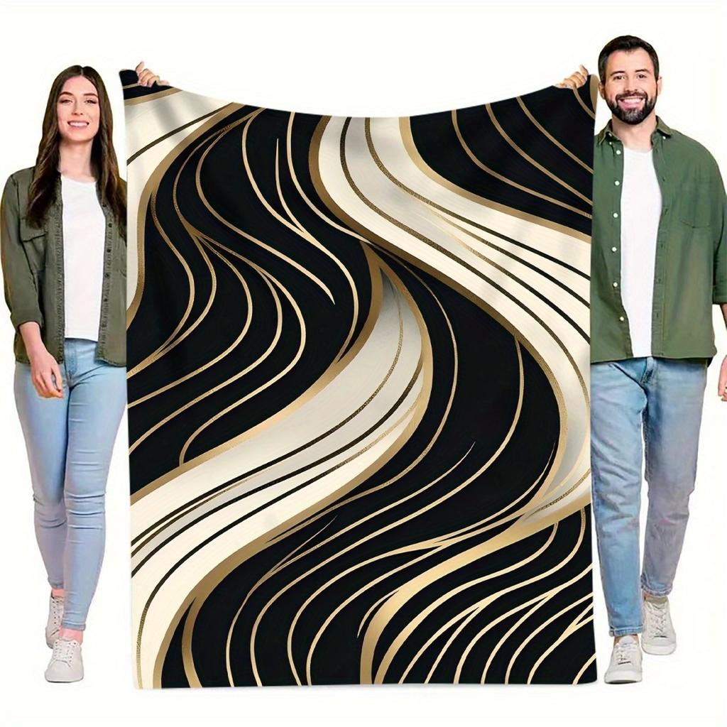 1pc Modern Abstract Ripple Throw Blanket - Black & Golden Accent Design, Soft Flannel All-Season Warmth for Home, Office, Campin
