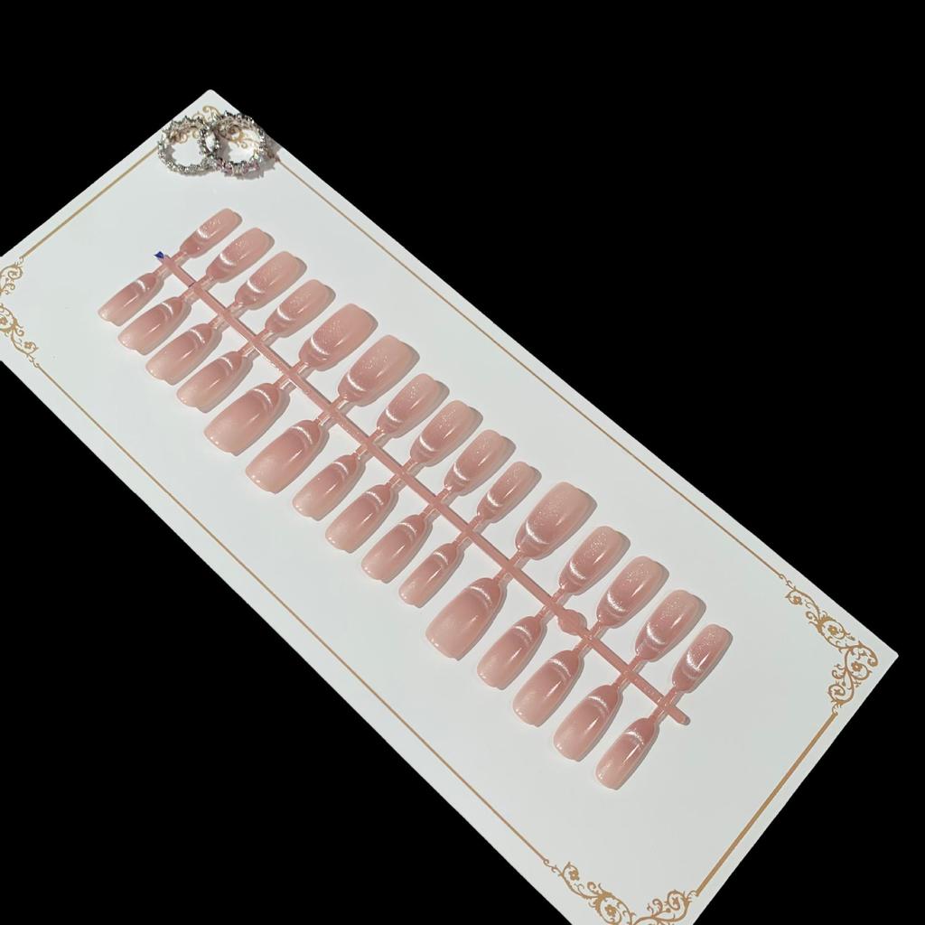 30 Pre-made Sized Wearable Nail Tips, French Blush Cat Eye Gradient, Semi-finished & Detachable
