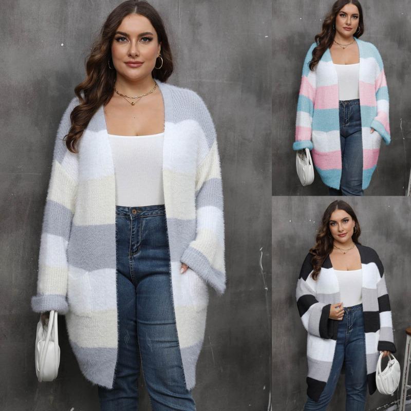 Women S Plus Size Striped V Neck Long Sleeve Knit Cardigan Coat