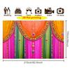 2D flat banner 1pc with an energetic Indian traditional theme background featuring colorful pink orange and green curtains