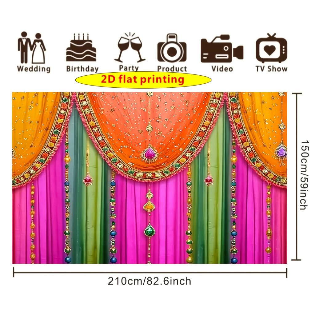 2D flat banner 1pc with an energetic Indian traditional theme background featuring colorful pink orange and green curtains