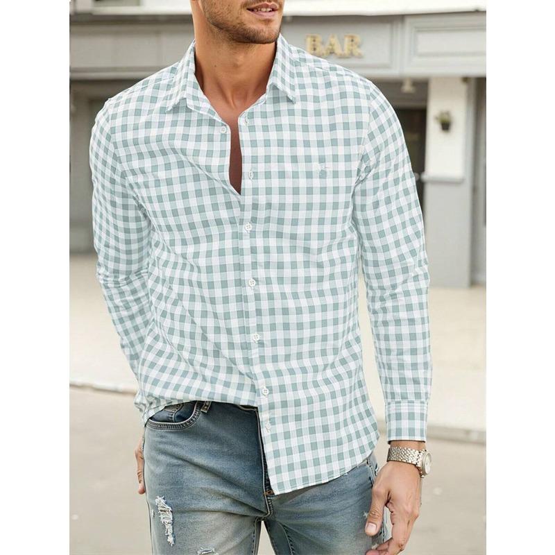 Men Casual 3d Digital Print Plaid Turn Down Collar Long Sleeve Breathable Shirt