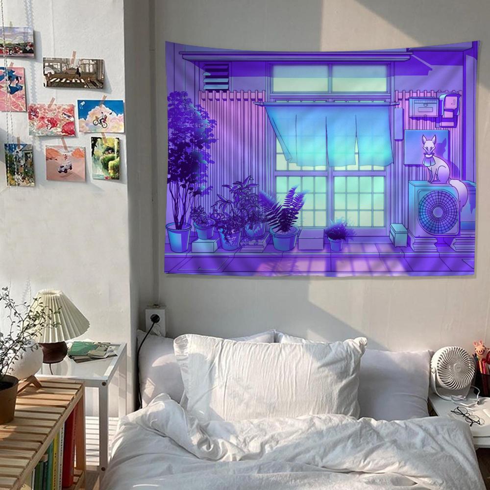 80S Vaporwave Style City Night Street Cat Cartoon Tapestry Wall Hanging Decoration Household Home Decor
