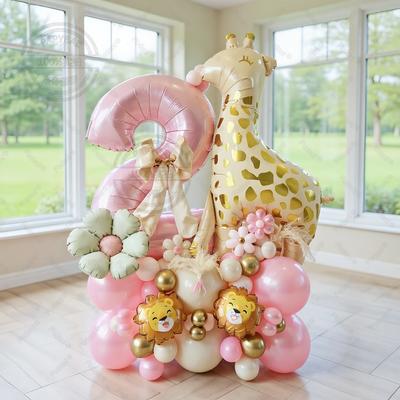 68pcs Cartoon Giraffe Lion Daisy Balloon Pink Number Birthday Balloon Set Animal Theme Party Decoration Kids' Baptismal Props