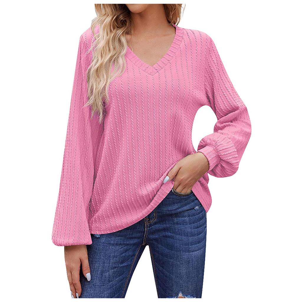 Women's Casual Loose Fitting Solid V-neck Long Sleeved V-neck T-shirt Women's Top
