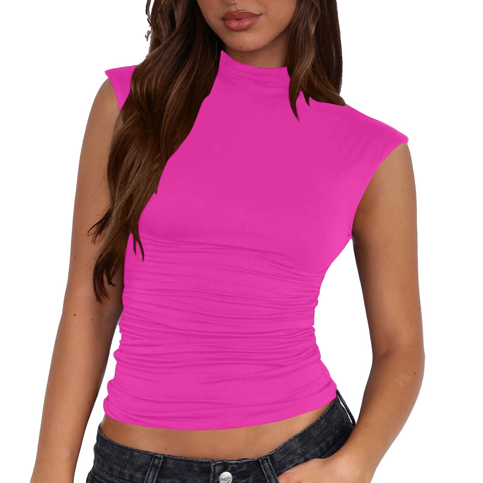 

Женский повседневный однотонный топ-майка с полувысоким воротом, облегающий, без рукавов, универсальный M горячий розовый