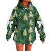 Ladies' Christmas Printed Bow Long Sleeved Loose Fitting Headband With Rope Hooded Sweatshirt Top