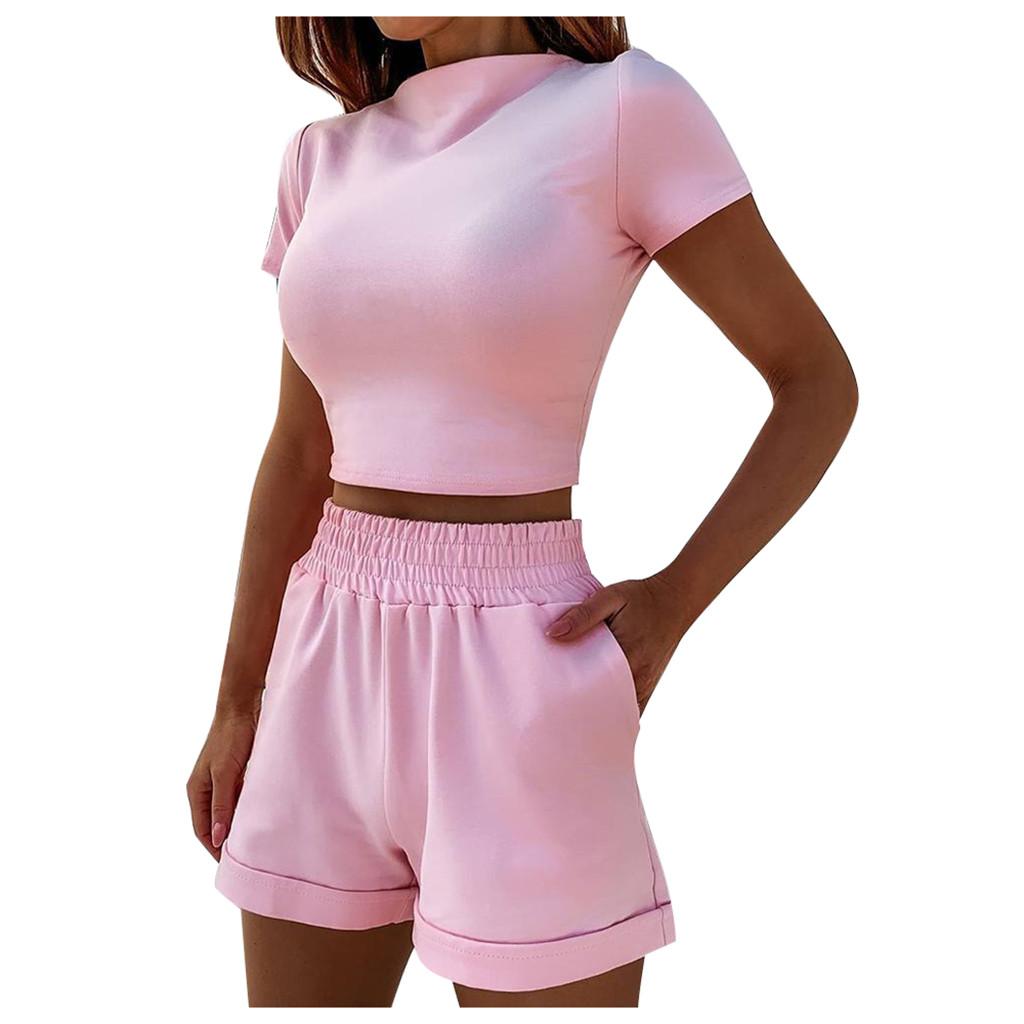 Fashion Womens Sexy Solid  Tracksuit Short Sleeve Tops Sports Shorts Set