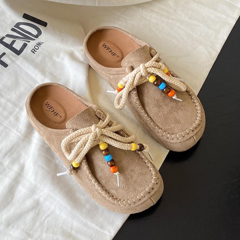 

Inner height-increasing Boken slippers women s outer wear 2025 new thick-soled bag head half slippers ethnic style one-pedal shoes 35 хаки