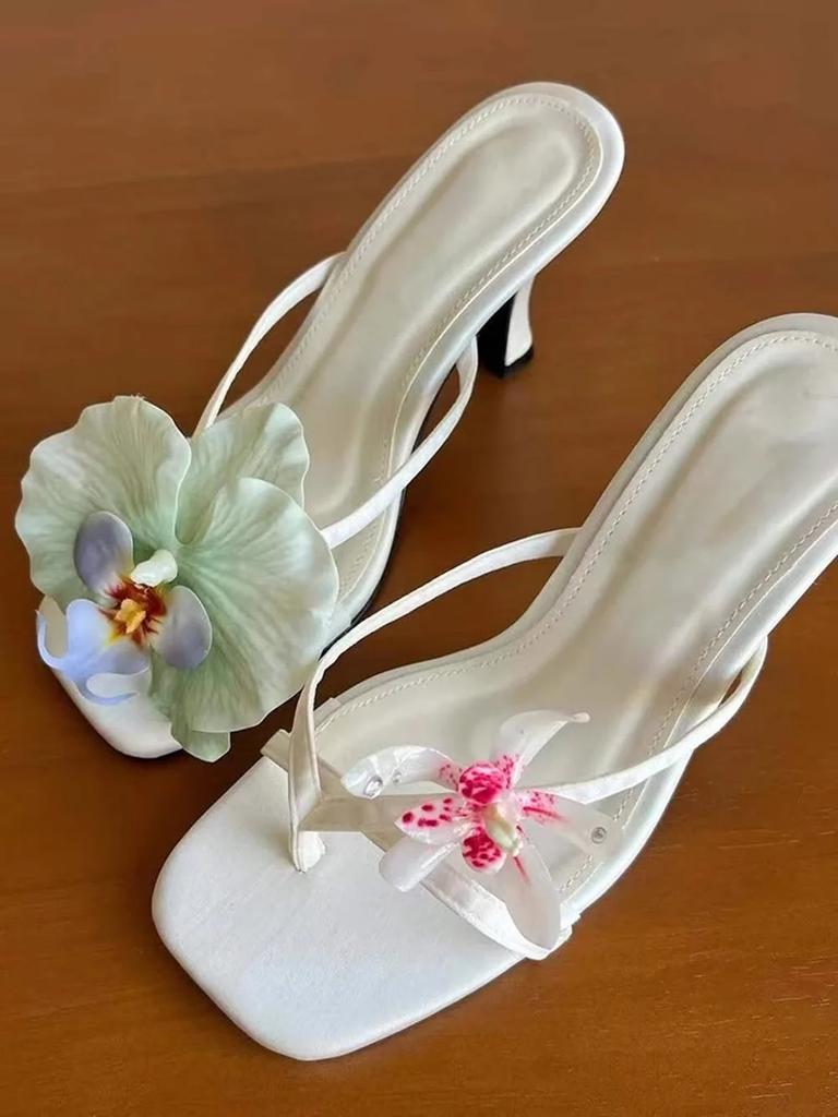 Flowers Decoration Flip Toe Slippers Sexy Square Toe Thin Heel Corss Tied Slip On New Arrivals Fashion Women Shoes