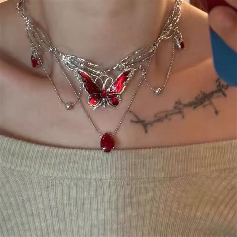 Gothic Red Crystal Butterfly Pendant Sliver Ghost Claw Short Choker Chain Necklace for Women Punk Y2K Charms Jewelry Accessories