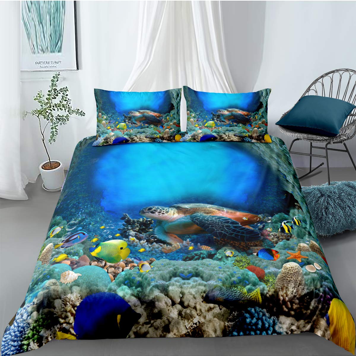 

Sea Turtle Duvet Cover Underwater World Themed Marine Life Bedding Set for Women Teen Boys and Girls Gift for Bedroom Decoration 70x133cm 2pcs