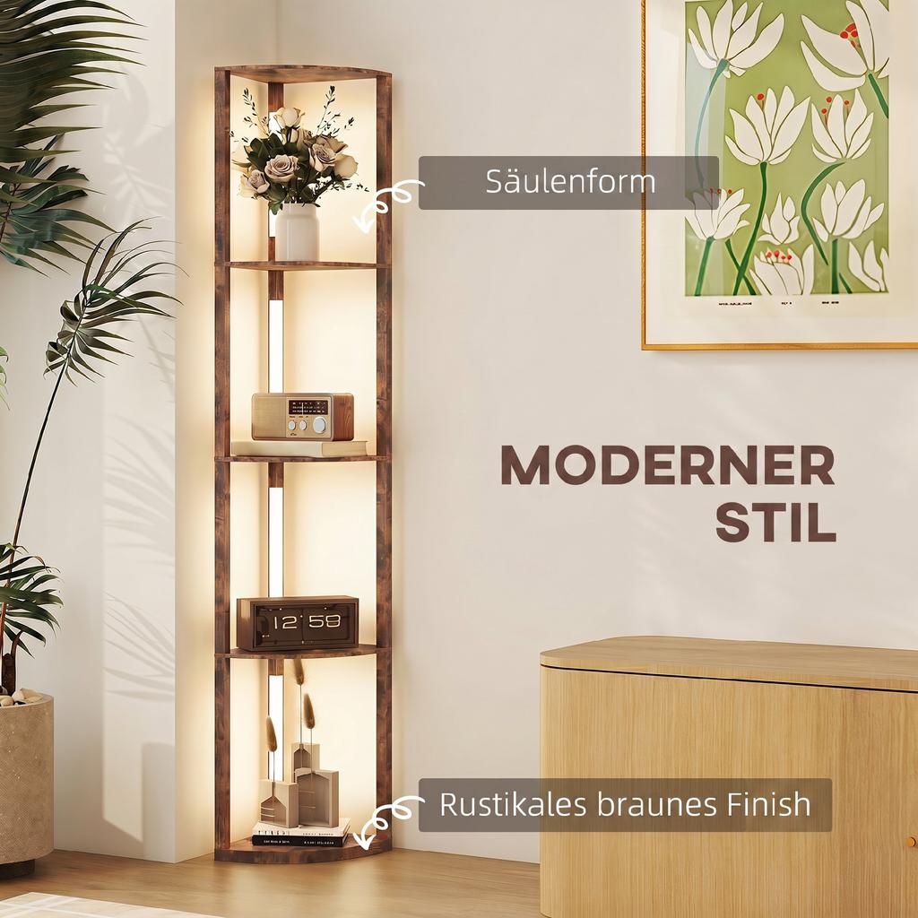 Lampada da Terra a LED con Mensole, 5 Livelli Dimmerabile, Lampada da Terra Moderna con 3 Livelli di Luminosità e Interruttore a Pedale, Marrone Rustico