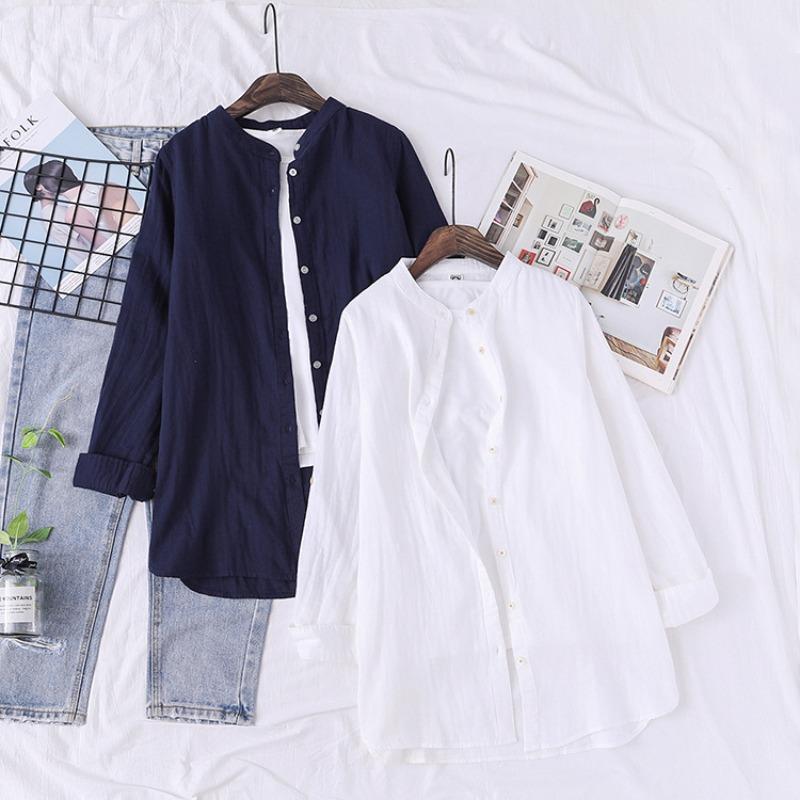 Camisa de Algodón Japonés de Primavera de Longitud Media para Mujer, Holgada e Informal