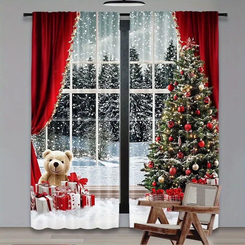 2 pieces - Christmas curtains   Christmas snow scene and tree polyester printed curtains   home decoration   room decoration