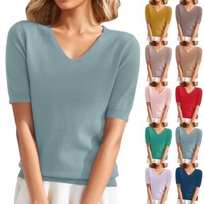 Fashion Knitwear Short-sleeved Slim V-neck Solid Color Five-quarter Sleeve Top Woman