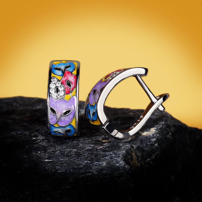 Exquisite and Unique Women's White Handmade Enamel Cat Earrings Colorful Cat Creative Earrings Jewelry Women 925 Silver Earrings