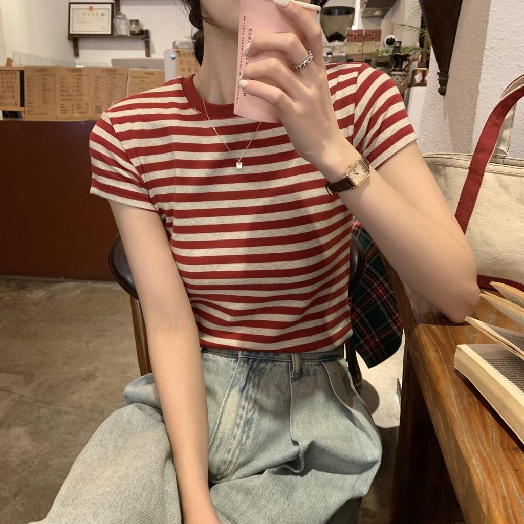 Summer Korean Short Sleeve T-shirts for Women Clothing Vintage Stripe Casual Slim T Shirt Harajuku Students Y2k Tops Streetwear