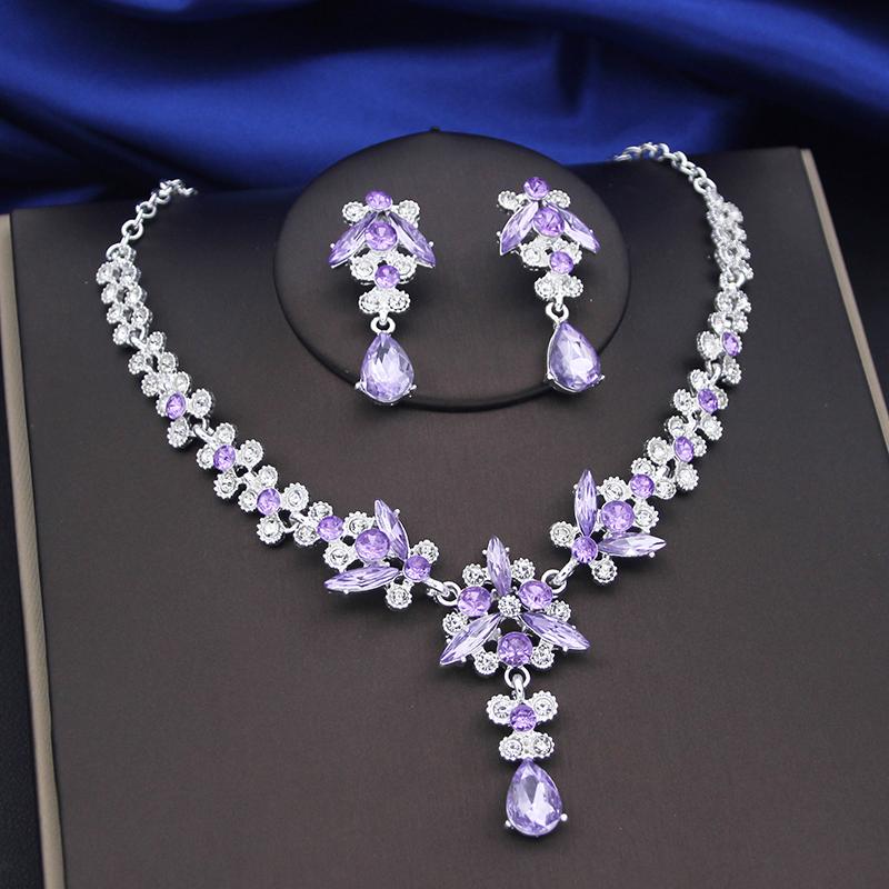 Purple Crystal Bridal Jewelry Sets Women Tiaras Bride Necklace Earrings for Wedding Crown Jewelry Set Prom