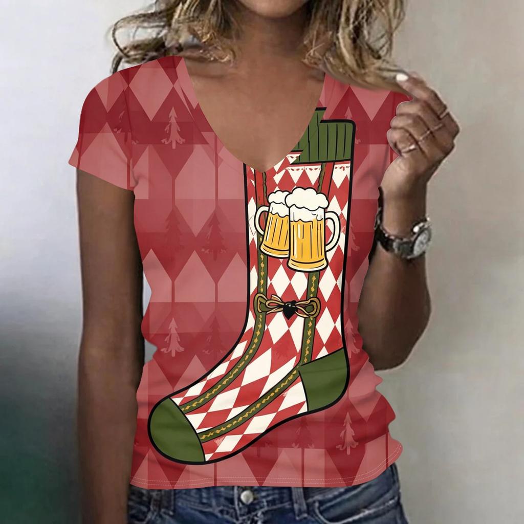 Women's Casual V Neck Short Sleeve T Shirt Oktoberfest Print Top Lightweight Soft Fabric Relaxed Fit Tee for Everyday Wear
