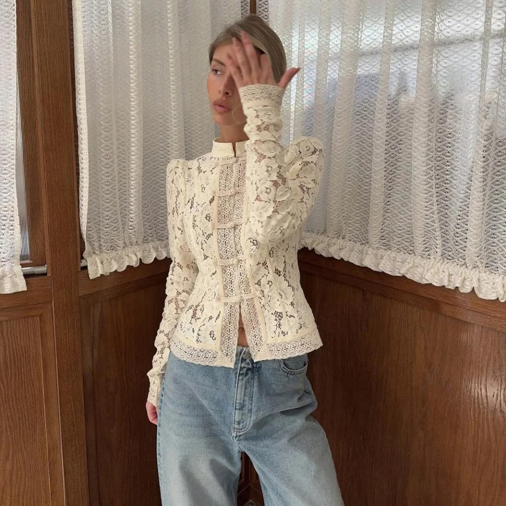 VAYLA Lace Printed Shirts Tops Female Hollow Out Fashion Commute Vintage See-Through Blouse Women's Lace Shrug Shirts New