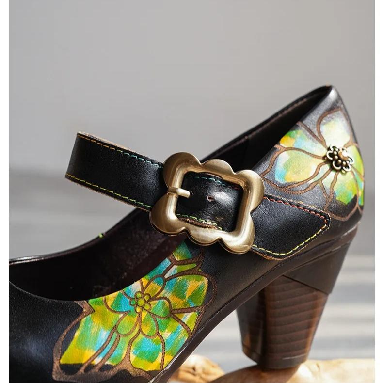 Johnature Retro Genuine Leather Printed Women's High Heels Comfortable Round Toe Thick Heels Pumps