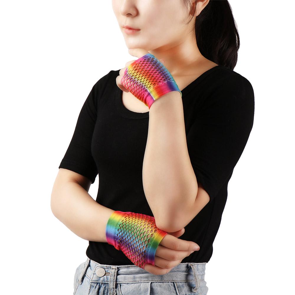 Fashion Colorful Wedding Party Fingerless Mesh Net Hollow Out Holes Gloves Rainbow Disco Dance