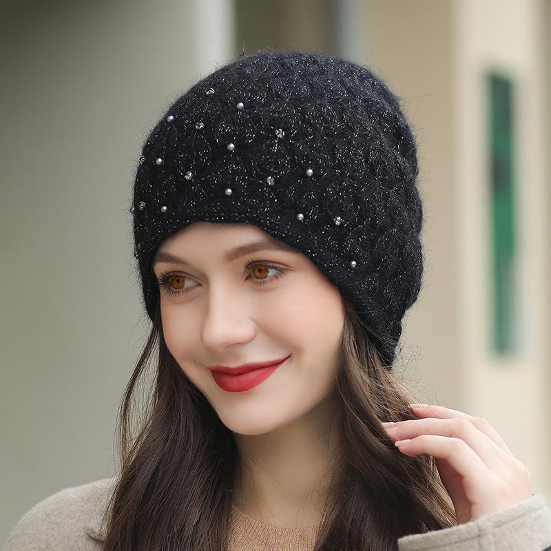 New Winter Hat Street Fashion Rabbit Fur Blend Thick Warm Beanie Hat for Women Elegant Pearl Decoration Knitted Hat Ladies Gift