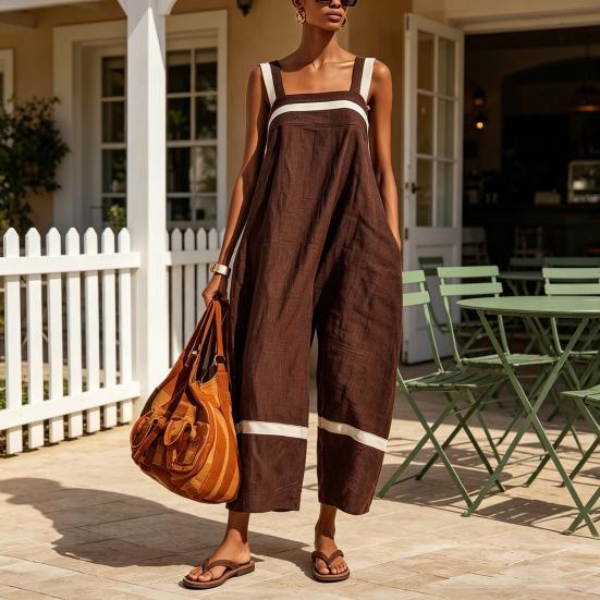 Summer Dress for Women, Color Block Sleeveless Cotton Linen Dress, Loose Vacation Long Dress with Pockets