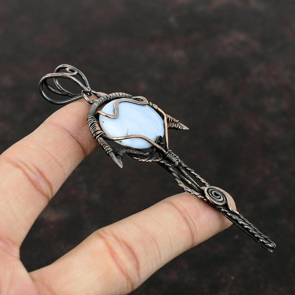 Pandantiv Owyhee cu opal albastru, înfășurat din sârmă de cupru, bijuterii Owyhee cu opal albastru, pandantiv lucrat manual cu pietre prețioase, bijuterii din sârmă de cupru, cadou de logodnă