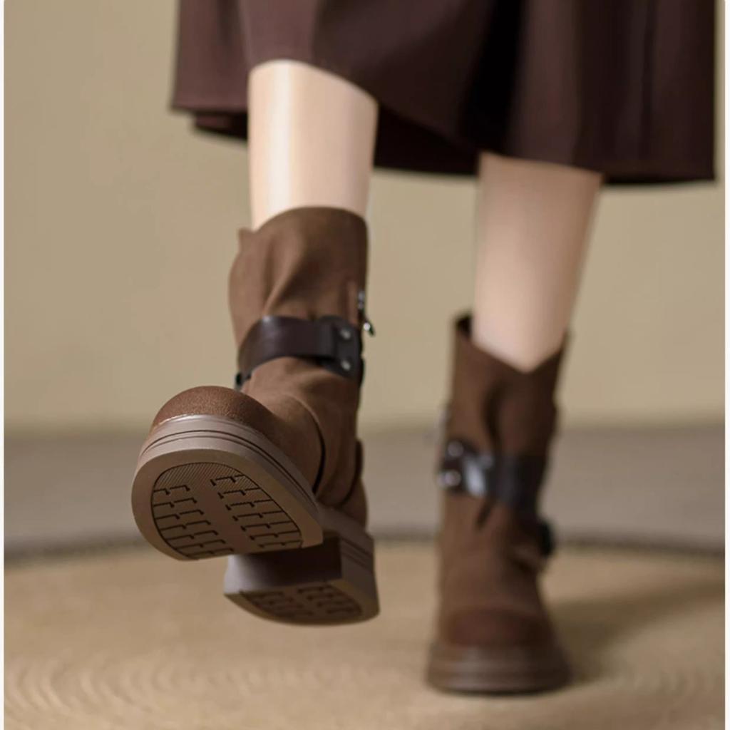 Short Boots 2025 Autumn and Winter New Leather Retro Platform Brown Western Cowboy Boots Medium Boots Retro Women's Martin Boots