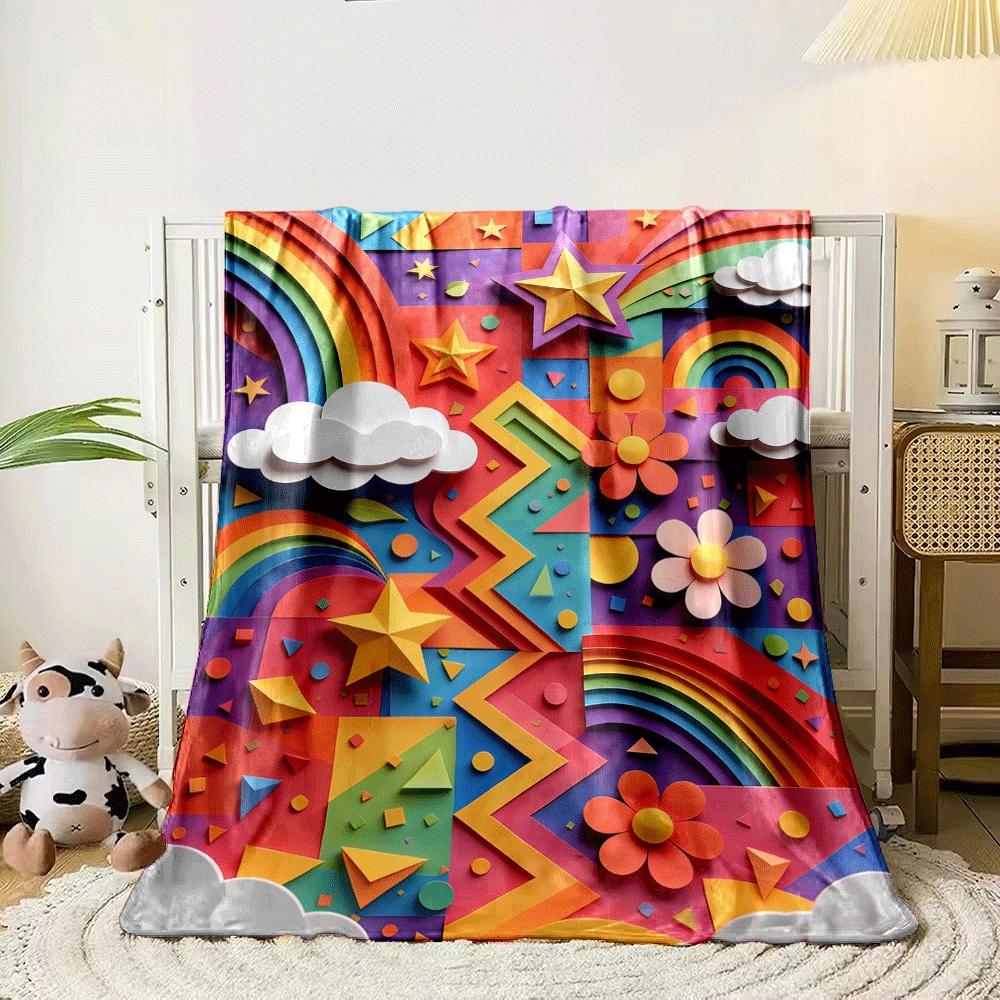 Colorful Geometric Patterns with Stars, Rainbows, Clouds, and Flowers. for All Seasons Blanket Lunch Break Throw Gift