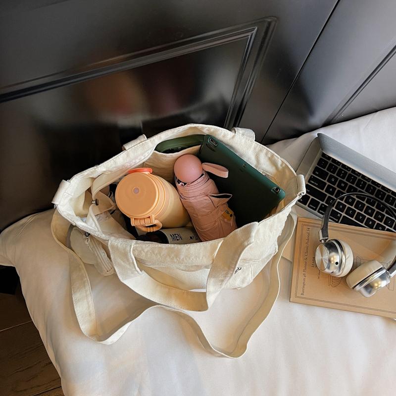 Large Capacity Tote Bag Canvas Bag Solid Color Student Crossbody Bag