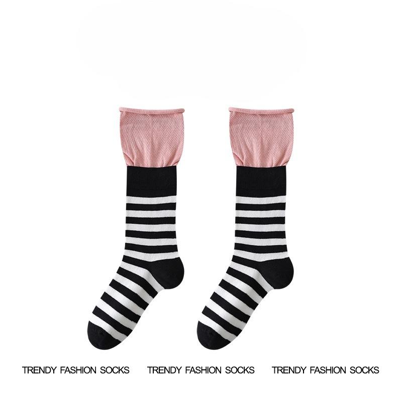Patchwork Color-blocking Double Flared Striped Mid-calf Socks, Women's Spring and Summer Versatile Retro Long Cotton Socks