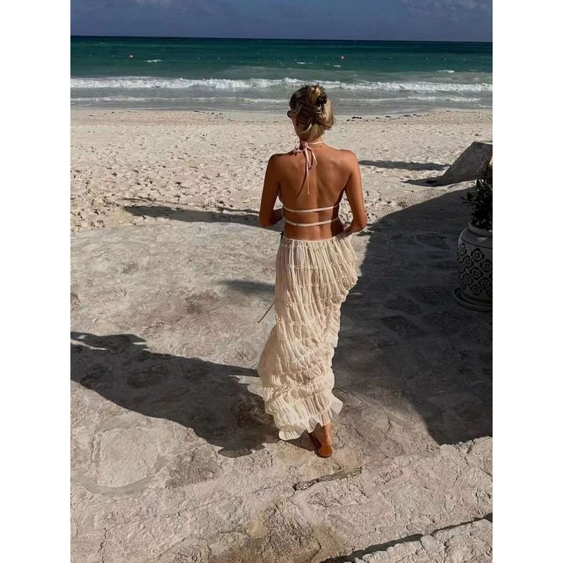 Sexy Neck Hanging Pleated Long Skirt Set Sexy Halter Ruched Long Skirt Suit