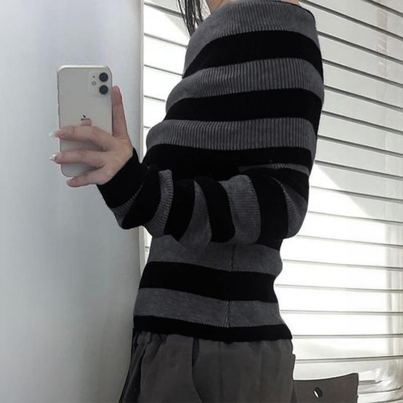 Ležérní Jednoduchý Svetr s Pruhy Odhalená Ramena Dlouhý Rukáv Vlněný Dámské Oblečení 2025 Podzim a Zima Osobnost Pulovr