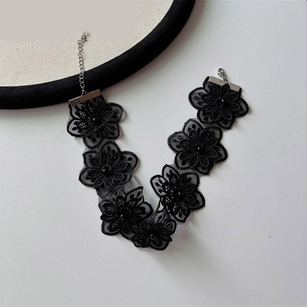 Delicate Lace Flower Necklace with Imitation Pearls Adjustable Length Neck Strap Accessory for Weddings and Parties