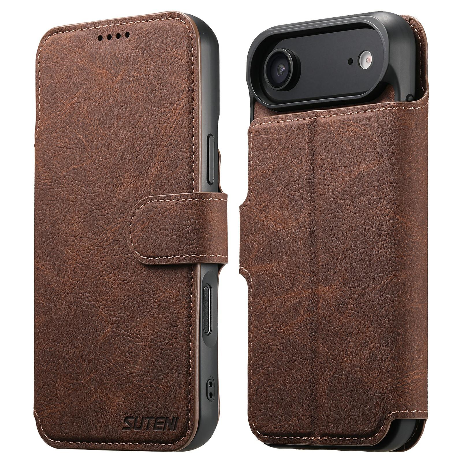 

SUTENI Q-05 For iPhone 17 Air Case Detachable Wallet Stand Litchi Texture Leather Flip Phone Cover Brown