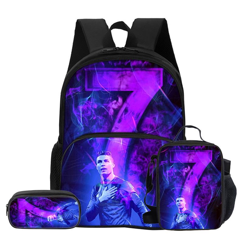 3 Pcs Set with Front Pocket Backpack Ronaldo with Thermal Insulated Lunch Tote Purse CR Pencil Case Football Star Rucksack