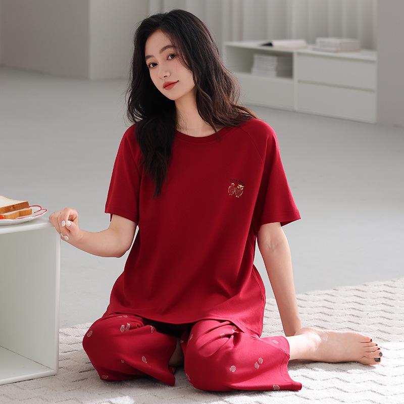 100% Cotton Women's Red Pajamas - Spring/Fall Wedding Year of the Rat Long Sleeve Plus Size Set