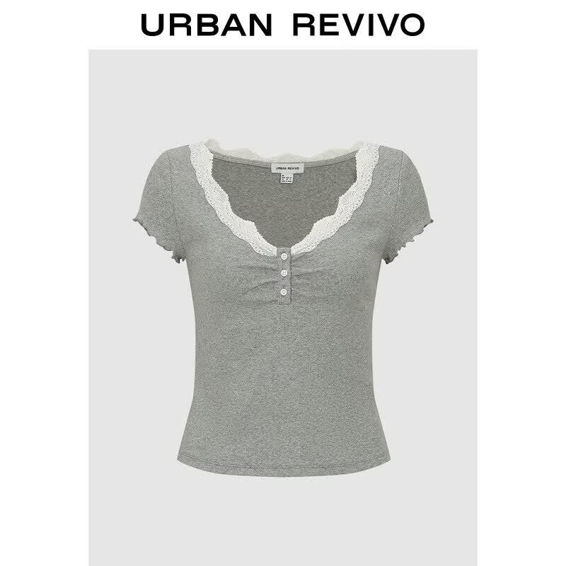 UR Women s Casual Textured Lace Trim Short Sleeve T-shirt S