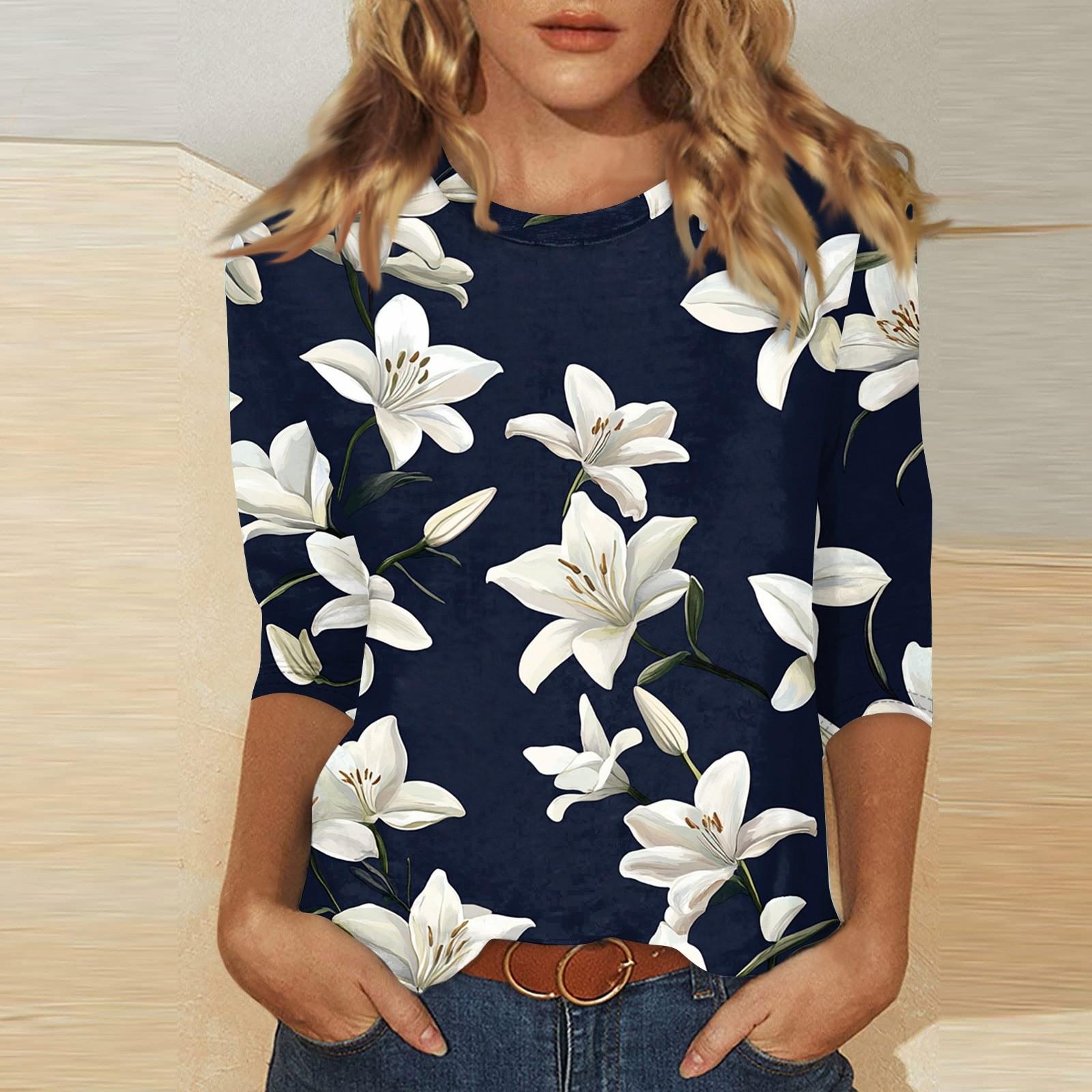 

Women s O-neck 3/4 Sleeve Print Top XL тёмно-синий