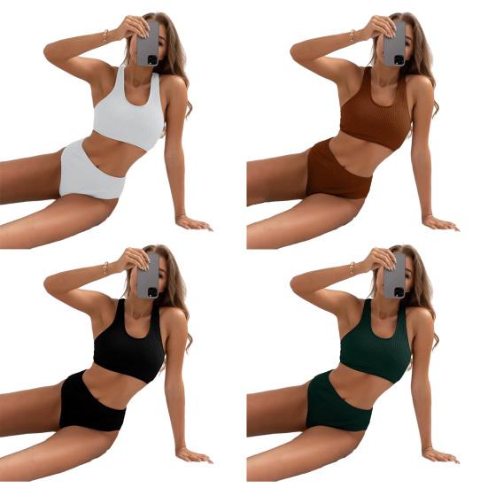 2Pcs/Set Women Bikini Set U-Neck Sleeveless Removable Padding Bra High Waist Swimming Trunks Set Ribbed